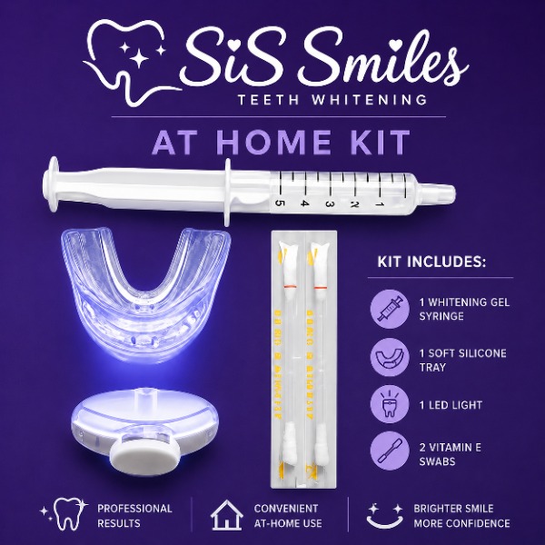 SiS Smiles At Home Kit: whitening gel syringe, soft silicone tray, LED light and two Vitamin E swabs